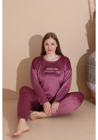 Boyraz Kadın Kışlık Fransız Kadife Büyük Beden Bisiklet Yaka Uzun Kol Pijama Takımı 03147 - 1 Adet Gülkurusu