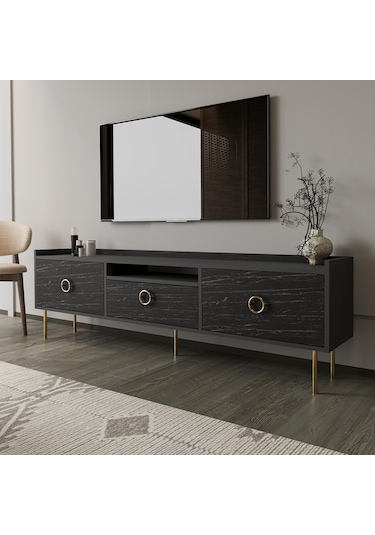 T0015 Lidya Kapaklı, Açık Raflı Tv Sehpası - Antrasit/siyah Mermer Antrasit/siyah Mermer