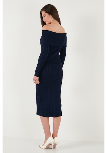 Lela Premium Fitilli Carmen Yaka Slim Fit Midi Boy Triko Bayan Elbise 680El00033 Lacivert