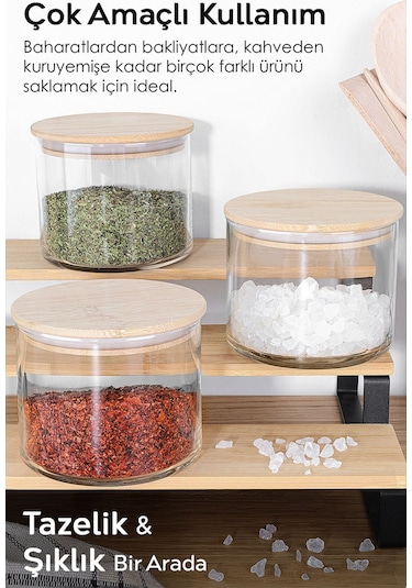 3'lü Etiketli Bambu Kapaklı Cam Baharatlık Seti - Baharat Saklama Kabı Vakum Kapaklı Kavanoz 535 Ml ŞEffaf