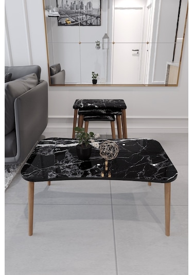 Esma Orta Sehpa Ve Zigon Sehpa 4'Lü Ahşap Ayaklı - Siyah Mermer