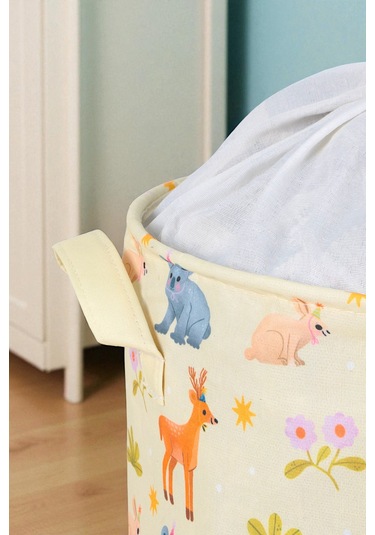 İronika Animals Büzgülü Sepet Oyuncak Çamaşır Havlu Sepeti Yuvarlak Temiz Kirli Çamaşır Sepeti Sarı