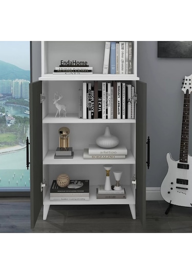 Reyo Home Enda Oras 6 Raflı Kapaklı Kitaplık Antrasit- Beyaz
