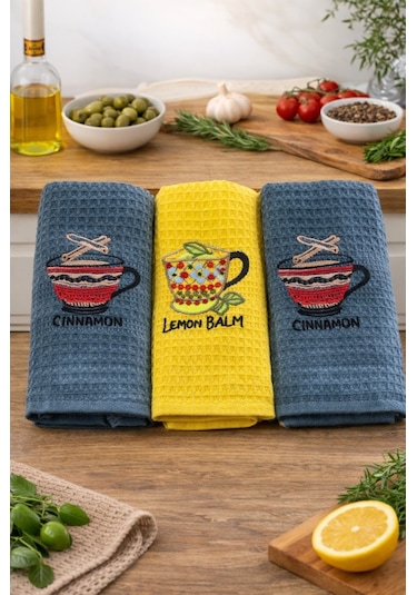 3 Lü Nakışlı Waffle Mutfak Havlusu 40x60 Cm Yumuşak & Süper Emici Antrasit