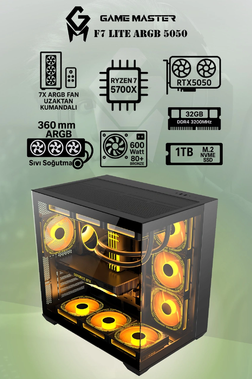 Game Master F7 Lite Argb R7-5700X 32 GB 1 TB SSD RTX5050 Free Dos Masaüstü Oyuncu Bilgisayarı