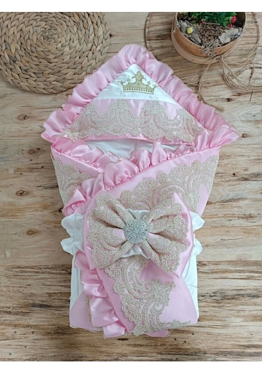 Yenidoğan Grand Lüks Kelebek Ağır Güpür İşlemeli Şapkalı Bebek Battaniyesi Kundak Pembe Pembe