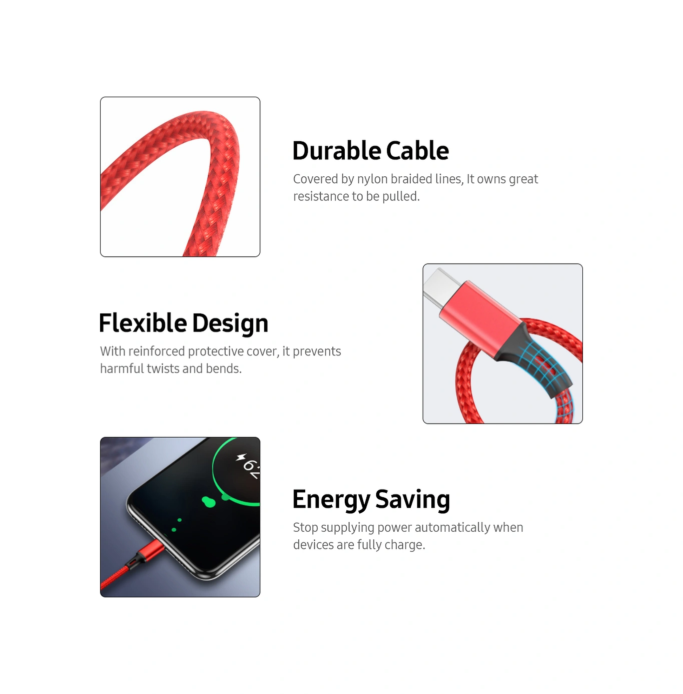 Geeroyoo 3'lü Usb Kablo: Type-c, Micro Usb Ve İphone Uyumlu, Nilon Örgü, 2.4a Hızlı Şarj, 1.2m, Siyah, Dayanıklı, Otomatik Kesme Fonksiyonu