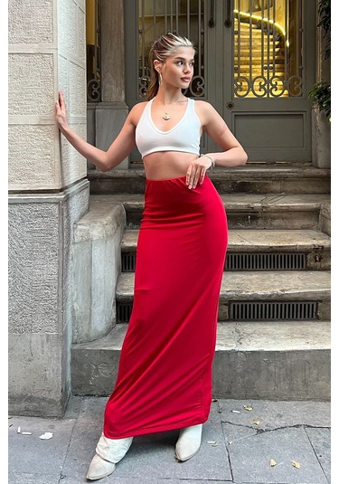 Kahverengi Maxi Basic Etek Kırmızı