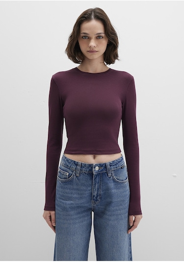 Mavi - Uzun Kollu Bordo Crop Basic Tişört 1612822-70434 Bordo