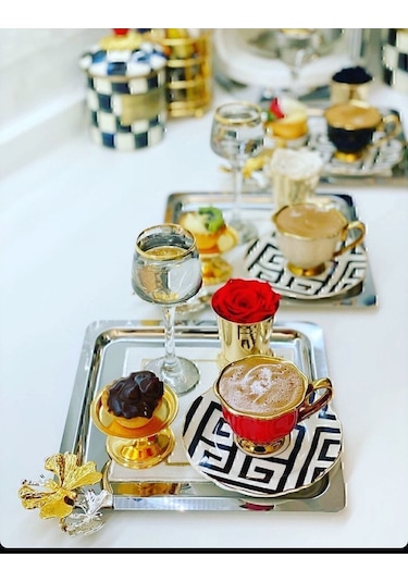 Paslanmaz Çelik Kare Model 6 Lı Kahve Tepsisi Kelebek Aksesuarlı Lüx Sunum Renkli