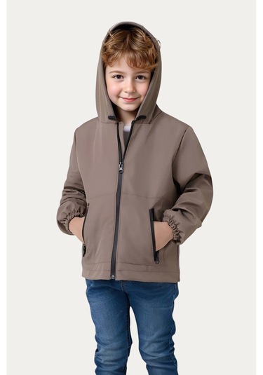 Erkek Çocuk Astarlı Su Ve Rüzgar Geçirmez Kapüşonlu Çift Fermuarlı Cepli Yağmurluk Vizon