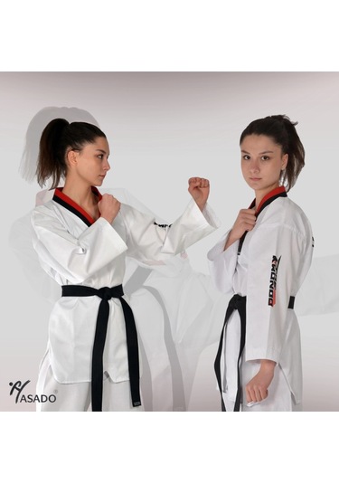 Haşado Şeritli Pum Yaka Fitilli Taekwondo Elbisesi Kırmızı-siyah Yaka Beyaz