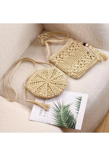 Chuangyinshop 1 Adet El Yapımı Bohem Çapraz Sırt Çantası - Bej Kare Sabit Kayış Bej