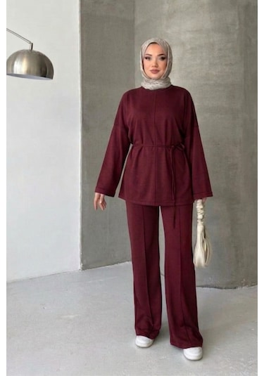 Thiff Tesettür Önü Bağlamalı Oversize Çimalı Modal Takım Bordo
