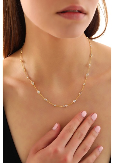 925 Ayar Gümüş Mekik Damla Yuvarlak Zirkon Taş Atlamalı Kolye Altın