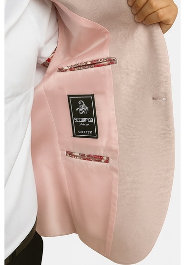 Plus Scorpion Açık Pembe Erkek İtalyan Kesim Blazer Ceket Kol Yamali, Slim Fit, Şık Ve Modern Tasarım Pembe