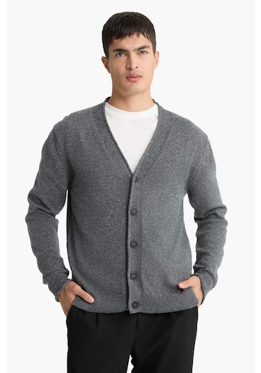 Defacto Relax Fit V Yaka Düğmeli Triko Hırka F7228ax25wngr311 Gri