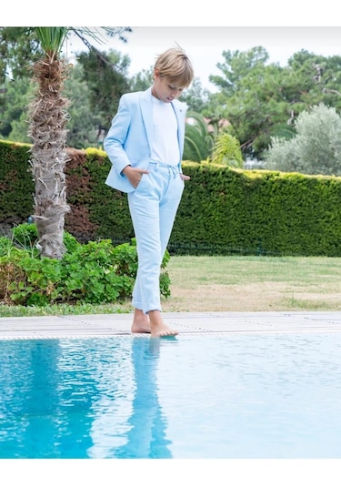 Erkek Çocuk Mavi Takım Elbise Keten Spor Takım Ceket Pantolon Tişort 3-14 Yaş Mavi