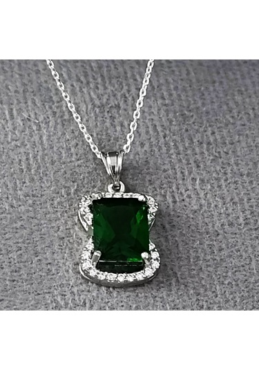 Lilahgümüştr Gümüş Yeşil Baget Taşlı Kadın Kolye Küpe