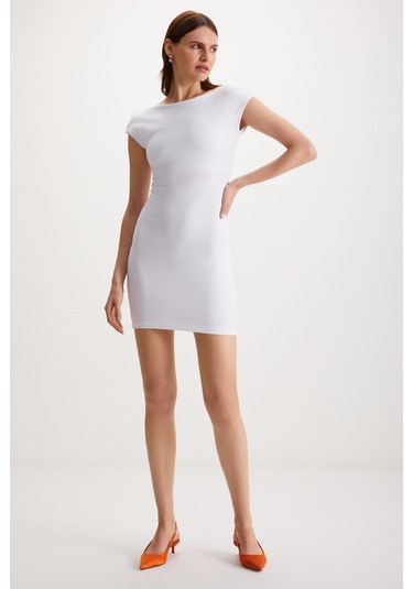 Arcene Kadın Organik Pamuklu Likrali Vücüdu Saran Bodycon Tek Parça Beyaz Elbise