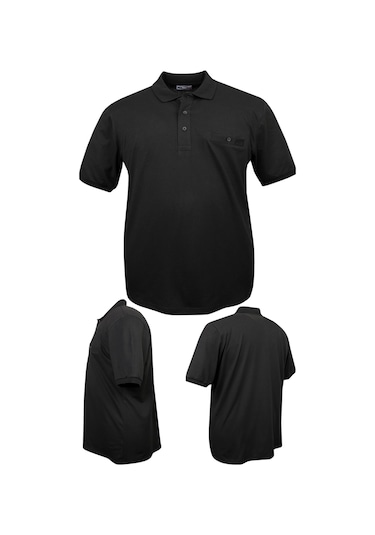 Erkek Büyük Beden 115 - 155 Kilo Arası Uygun Bedenli Likralı Pike Polo Yaka Cepli Tişört SIYAH