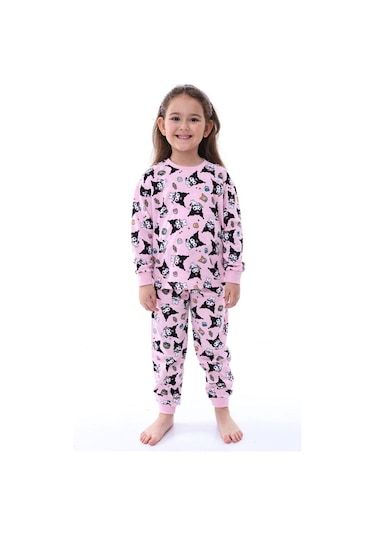 Kız Çocuk Kedi Desenli Uzun Kollu Pijama Takımı-913 Pembe