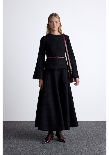 Peplum Detaylı Tüvit Bluz Siyah Siyah