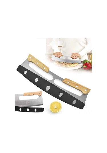 Geekyou Stok Mutfak Pizza & Sebze Kesici, 35cm Paslanmaz Çelik Rocker Bıçağı, Ahşap Saplı, Koruyucu Kılıflı, Kolay Kullanım Diğer