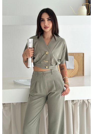 Düğme Detaylı İkili Takım Haki Haki