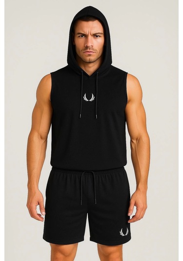 Erkek Lette Kapüşonlu Armalı Esnek Kolsuz Siyah Şortlu Takım Siyah