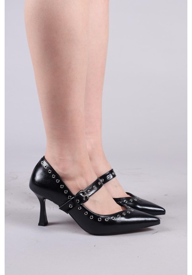 Calavi Kuş Gözü Detaylı Topuklu Ayakkabı Siyah-8565 Siyah