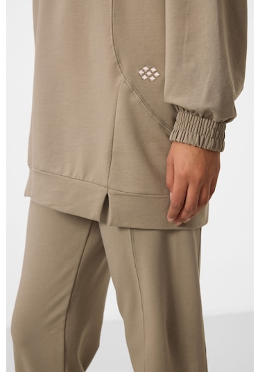 Koyu Bej O Yaka Basic Oversize Kadın Eşofman Tunik Takım - 95347 Bej