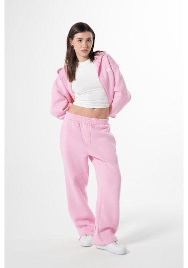 Flaw Nakışlı Zip Hoodie-28829 Pembe