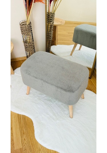 Ahşap Ayaklı Teddy Kumaş Dikdörtgen Dekoratif Puf Bench Gri
