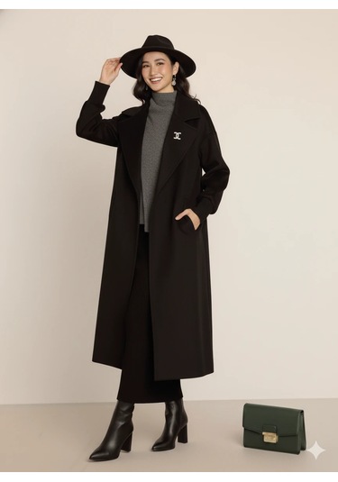 Kadın Siyah Kaşe Uzun Kaban Maksi Boy Palto Geniş Yakalı Düz Kesim Kışlık Siyah