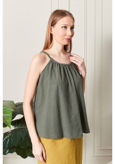 Şık Farklı Tarz Keten Işıl Bluz - Zarif Ve Modern Tasarım Haki