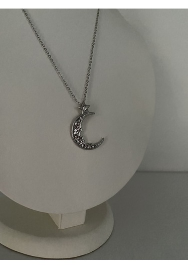 Ay Figürlü Mini Yıldız Detaylı Kolye Gümüş Renk Mor