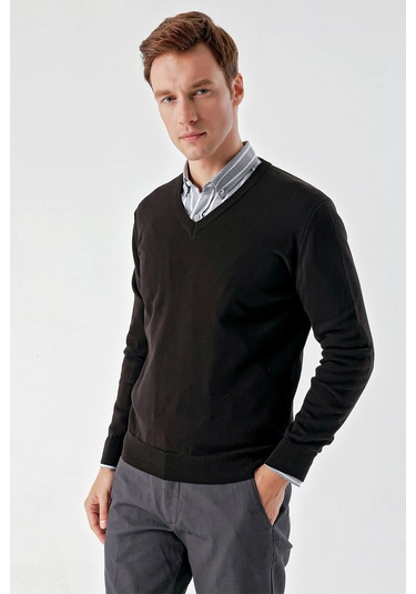 Morven Erkek Siyah Basic V Yaka Dynamic Fit Rahat Kesim Triko Siyah