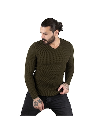 Deepsea Erkek Haki V Yaka Triko Kazak 2300341 Haki