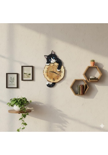Cajuart Kütük Üzerinden Bakan Smokin Kedi Tasarımlı Duvar Saati Modern Dekoratif Saat Kahverengi