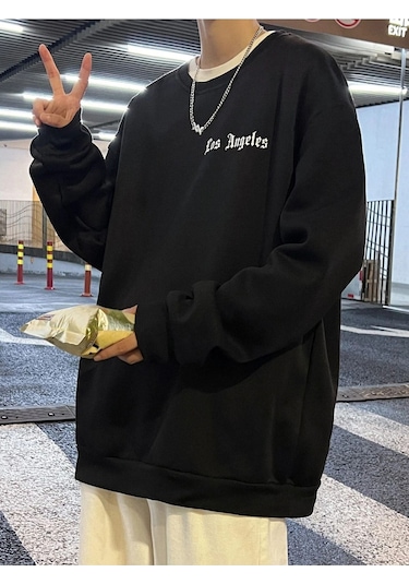 Unisex Oversize Los Angeles Baskılı Bisiklet Yaka Sweatshirt Siyah