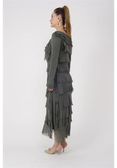 Italyan 2 Beden İnce Gösteren Kat Kat Uzun Kol Taşlanmış İpek Elbise Koyu Haki