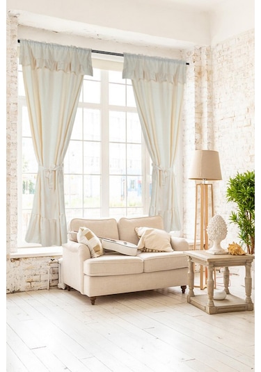 Naturel Fırfırlı Perde Farbalı Vintage Çift Kanat Krem Krem