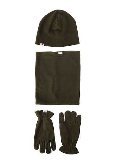 AC&Co / Altınyıldız Classics Erkek Haki Anti-pilling Sıcak Tutan Su Itici Polar Bere Boyunluk Eldiven Set