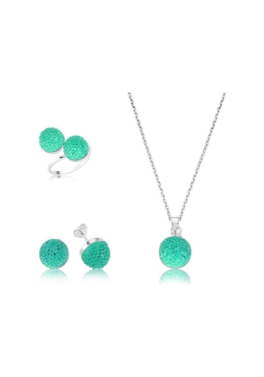 Blackcraft 925 Ayar Gümüş Yeşil Kristal Taşlı Set Bc-e228ab Beyaz
