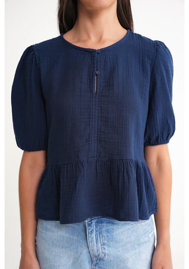 4713 Kadın Beli Büzgülü Kolu Lastikli Bol Müslin Bluz Lacivert Lacivert