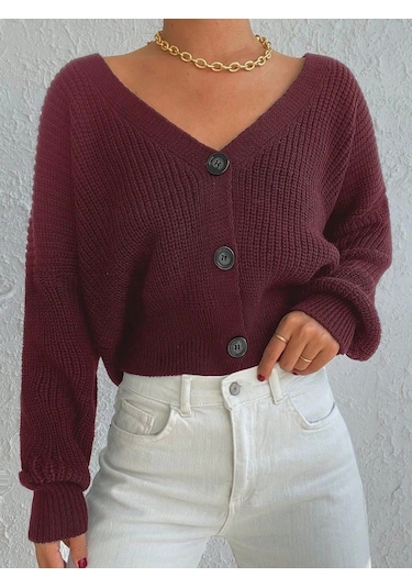 Defymoda Kadın Uzun Kollu Üç Düğmeli Triko Hırka Bordo