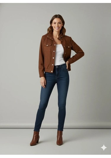 Kadın Taba Zarif Kısa Ceket Toka Detaylı Dik Yaka Cepli Süet/kaşe Baharlık Ceket Kahve