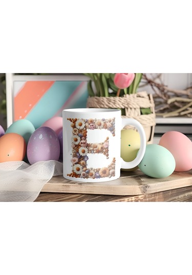 E Harfi Çiçek Desenli Kupa Bardak - Alfabe Harfleri İle Doğal Çiçekli Kupa - Hediye Fikir Beyaz