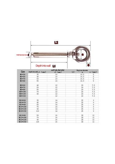 304 Paslanmaz Çelik Genişleme Cıvataları Kilitli Duvar Ankrajları Göz Vidaları Boyut M6m12 Uzunluk Uzatılmış Boyut: Boyut M6x100mm 4.8 x 19 CM